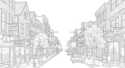Naklejka premium Bustling urban street scene featuring historic brick storefronts, leafy trees, and pedestrians walking along the sidewalk in a detailed sketch style.