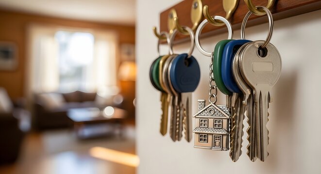A close up view of hanging keys on a wall in a home interior