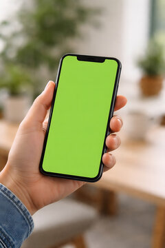 Hand Holding Smartphone with Blank Green App Screen for UI Mockup