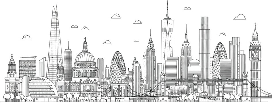 Detailed black and white line art drawing featuring the iconic skyline of london with famous skyscrapers and historical monuments