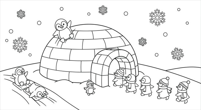 Playful group of penguins sliding and walking around a sturdy igloo in a snowy winter landscape filled with falling snowflakes and icy textures.