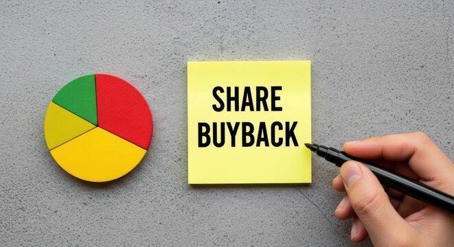 Share Buyback text on yellow sticky note, financial pie chart with green and red segments, corporate stock repurchase concept on grey background