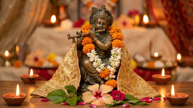 Nirjala Ekadashi, A polished brass idol of Lord Vishnu resting on a premium yellow silk fabric, fresh green Tulsi leaves and jasmine flowers placed precisely around the base See Less