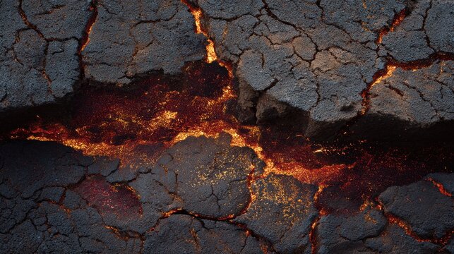 Bright line in fractured volcanic rock. Luminous fiery seam traversing broken basalt surface. Radiant molten pathway cutting through fractured volcanic stone with vivid orange glow