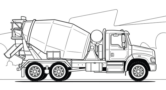 A heavy-duty concrete mixer truck with a large rotating drum and rear discharge chute stands ready for work in this detailed black and white line drawing.
