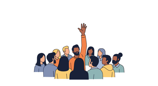 A diverse group of men and women stand together in a large crowd while a central bearded man raises his hand high against a plain white background in a bright minimalist style.