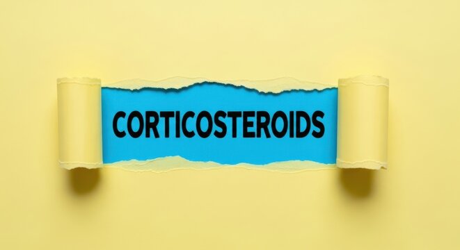 Corticosteroids medical text on blue background, torn yellow paper revealing corticosteroid hormone term, healthcare and pharmacology concept