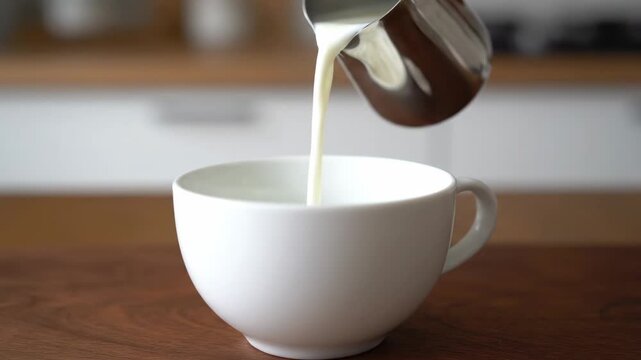 Close-up of milk being poured from a stainless steel pitcher into a pristine white ceramic cup. The setting has a warm, inviting feel, and a wooden surface