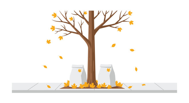 A sparse brown tree with falling yellow leaves stands on a grey concrete sidewalk beside two white bags filled with seasonal yard waste in a bright outdoor setting.