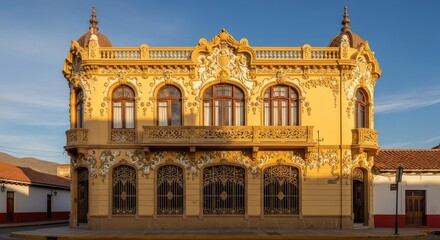 Fototapeta premium Historic Ornate Yellow Art Nouveau Building Facade in Loja, Ecuador, at Golden Hour