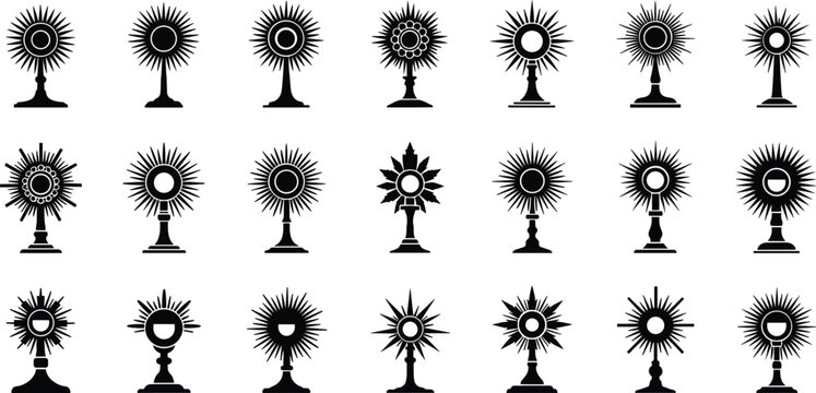 Sacred monstrance design variations for catholic liturgy and eucharistic adoration worship graphics