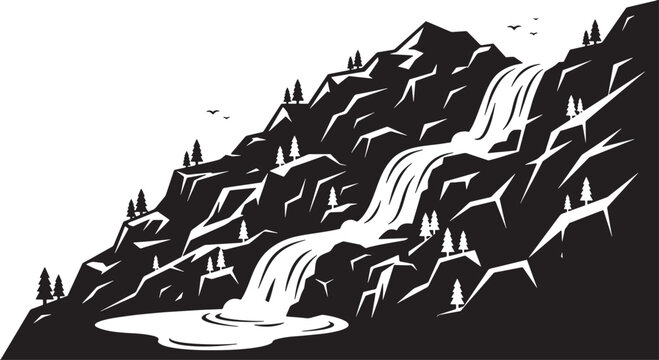 Rocky mountain landscape with multiple waterfalls cascading into a tranquil pool, vector illustration.
