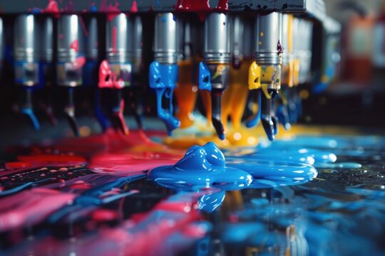 Printing machine pouring colorful pigment on surface in typography