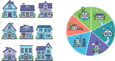 Fototapeta premium Residential houses collection with different home styles and neighborhood infographic circle diagram real estate concept vector illustration set