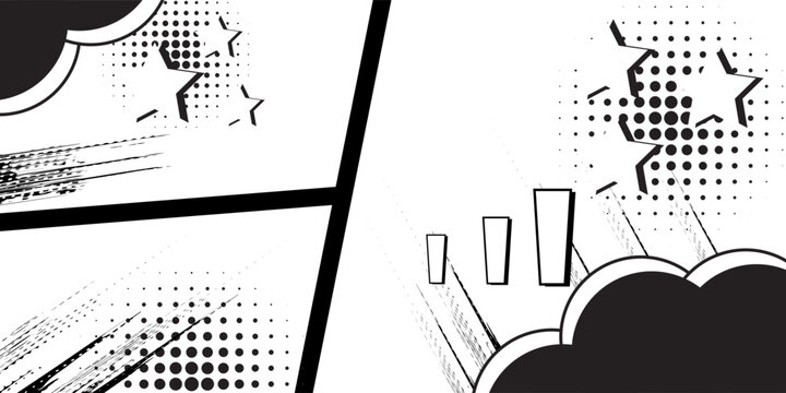 Set of manga comic speed line, zoom and motion effects background, frames, screentone with speech bubbles. Anime radial light flash explosion black