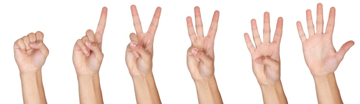 Sequential hand gestures counting from zero to five against a white background