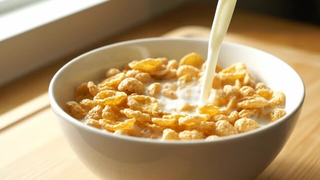 Close-up of milk being poured onto a bowl of cereal