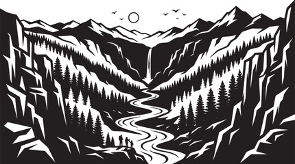 Vast mountain valley landscape with winding river and distant waterfall, pine trees, epic vista, monochrome vector art. © MstSima