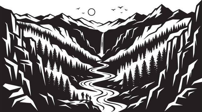 Vast mountain valley landscape with winding river and distant waterfall, pine trees, epic vista, monochrome vector art.