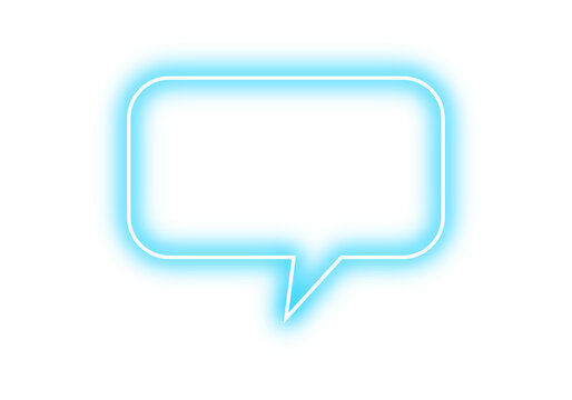 Neon glowing cyan blue speech bubble vector icon, luminous glow effect message icon outline. Blank floating dialogue box, chat box with shiny glowing stroke uses for modern design and UI UX design.