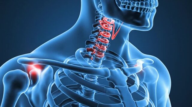 Anatomical illustration of a human skeleton with highlighted areas of pain in the neck and shoulder