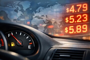 Car dashboard with fuel gauge and rising gas prices, global oil crisis concept © dvoevnore