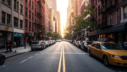 Obraz premium A street view with parked cars and buildings, lit by the warm glow of the setting sun, captured in an urban setting