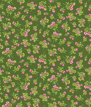 Seamless Floral Pattern with Small Pink Flowers on Olive Green Background