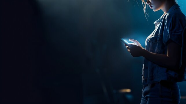 Frau im dunklen Raum tippt auf leuchtendem Smartphone, Seitenansicht