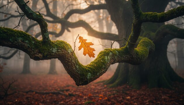 Mystical Oak Tree Branch with Golden Leaf in Misty Autumn Forest, illustration for Shakespeare's sonnets with space for text