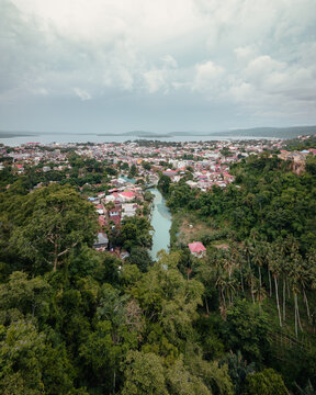 Aerial view of lush green landscape with river and town