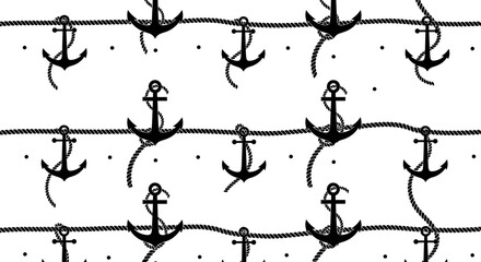 Black anchors and ropes pattern on white with dots © AJI T