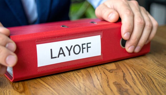 The unsettling image of a red file folder labeled Layoff held by an office worker, a symbol of unemployment