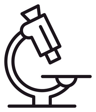 Microscope vector icon illustration, black line art symbol for scientific research, laboratory analysis, medical diagnostics, and education. Minimalist graphic for biology and chemistry.