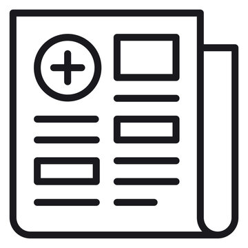 Black vector icon illustration of a medical report or healthcare document featuring a plus sign symbol, representing patient records, medical news, health insurance, or clinical data files.
