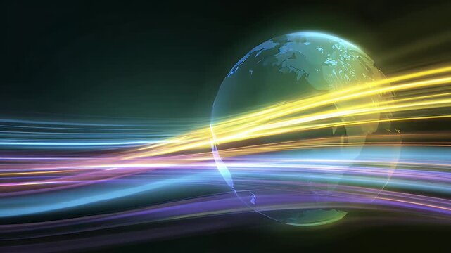 Abstract global network motion background with dynamic light trails circling transparent earth globe, symbolizing fast data transfer and interconnected world communication in a digital age.