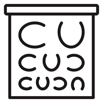 Black vector icon illustration of a Landolt C eye chart for vision testing, featuring rows of broken rings in different orientations on a rectangular board for optometry and medical exams.