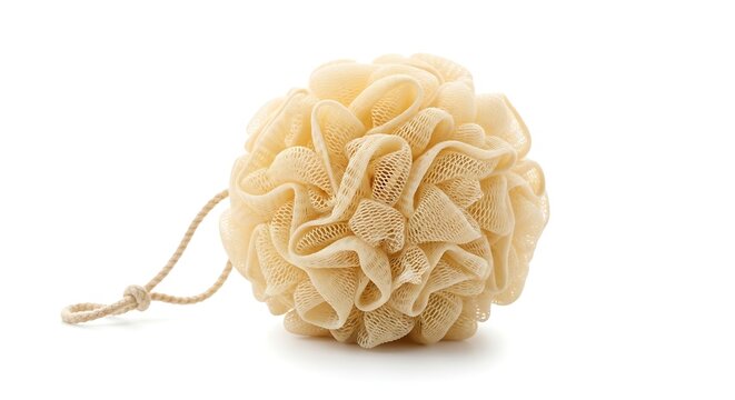 Soft beige bath loofah sponge with mesh texture for body care isolated on white background for spa and wellness product marketing photography projects