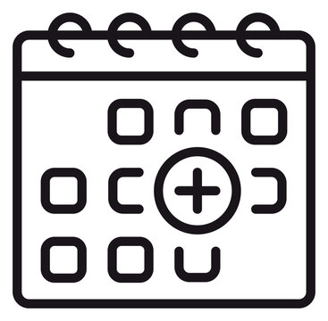 Black vector icon illustration of a calendar with a plus sign symbol, representing adding a new event, scheduling an appointment, planning a date, or creating a reminder on a digital organizer.