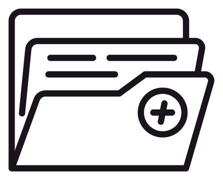 Minimalist black line art vector icon of a file folder containing a document with a plus sign symbol, representing adding a new file, digital document management, and data storage organization.