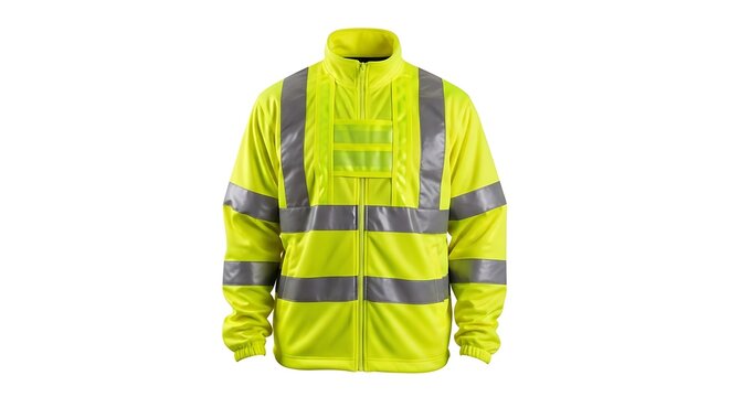 High visibility safety jacket with reflective stripes for construction work isolated on white background