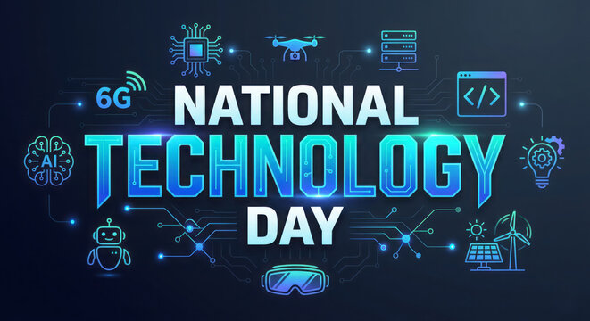 National Technology Day advanced concept with modern typography, AI, 6G and futuristic technology background.