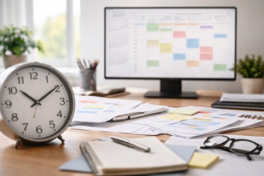 Office desk with clock and paperwork symbolizing ADHD neurodiversity