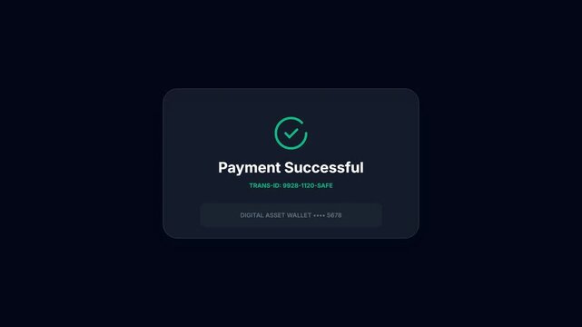 Digital asset wallet payment processing animation showing initiating status and transaction successful confirmation
