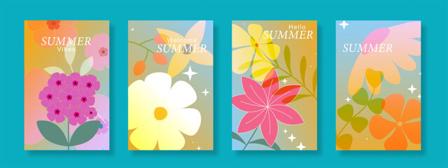 Fototapeta premium Gradient summer floral poster background vector set. Minimalist cover with colorful flower illustration. Design for wall art, greeting cards, holidays and seasonal templates.