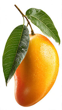 yellow mango with green leaf and water splashes isolated on white background