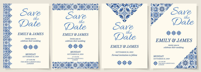 Set of elegant wedding invitations with blue floral and azulejo borders. Classic templates for save the date, announcement, or ceremony cards. Mediterranean tiles. Spanish party design template. © Danchenko