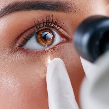 Frau beim Sehtest an Spaltlampe beim Augenarzt mit Lichtstrahl