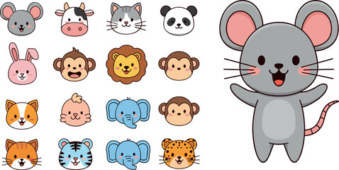 Cute animal faces vector set cartoon icons with mouse panda lion elephant and more adorable characters illustration © MdRazaul