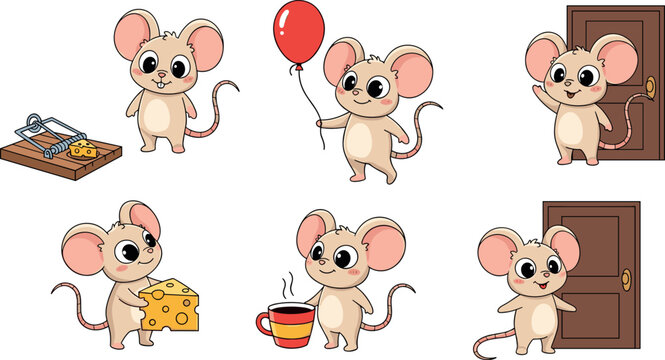 Cute mouse cartoon vector set adorable mice characters with cheese balloon trap and door scenes illustration collection